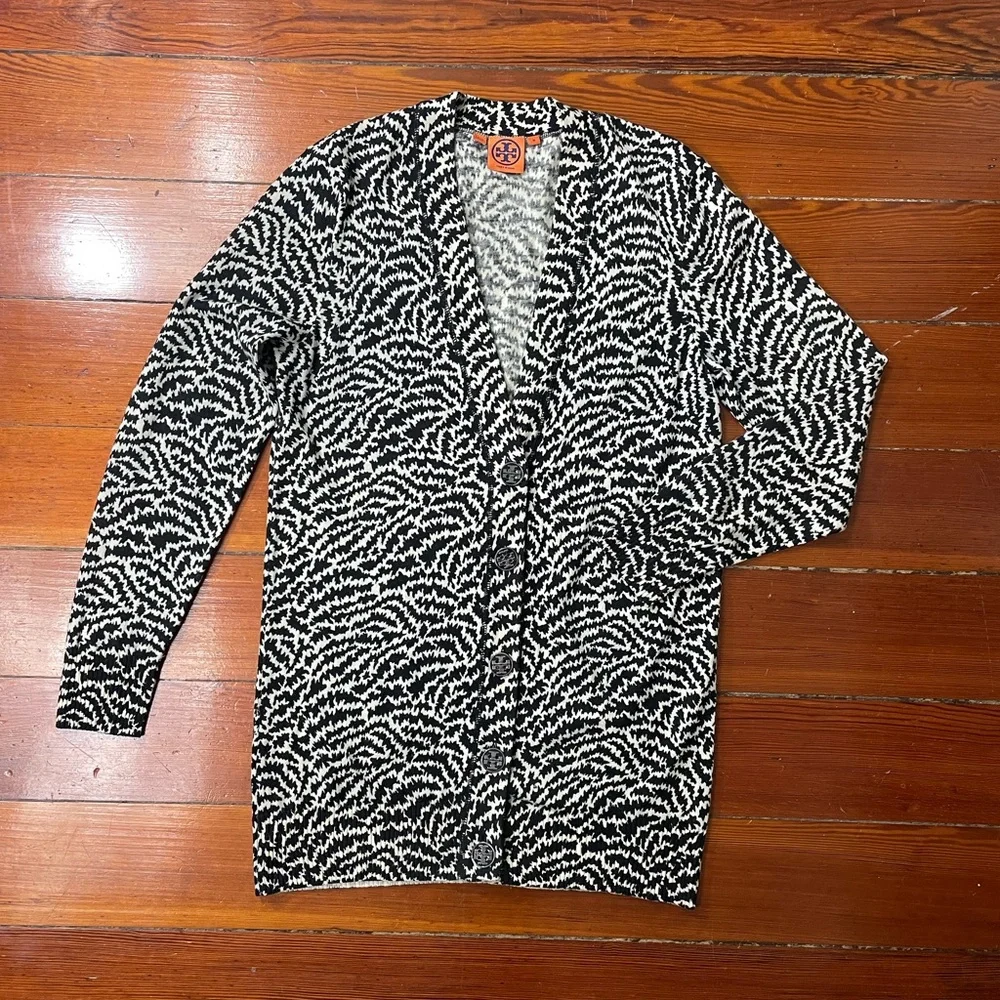 Tory Burch Simone Boyfriend Merino Wool Black & White Cardigan - Size Medium - Picture 6 of 11